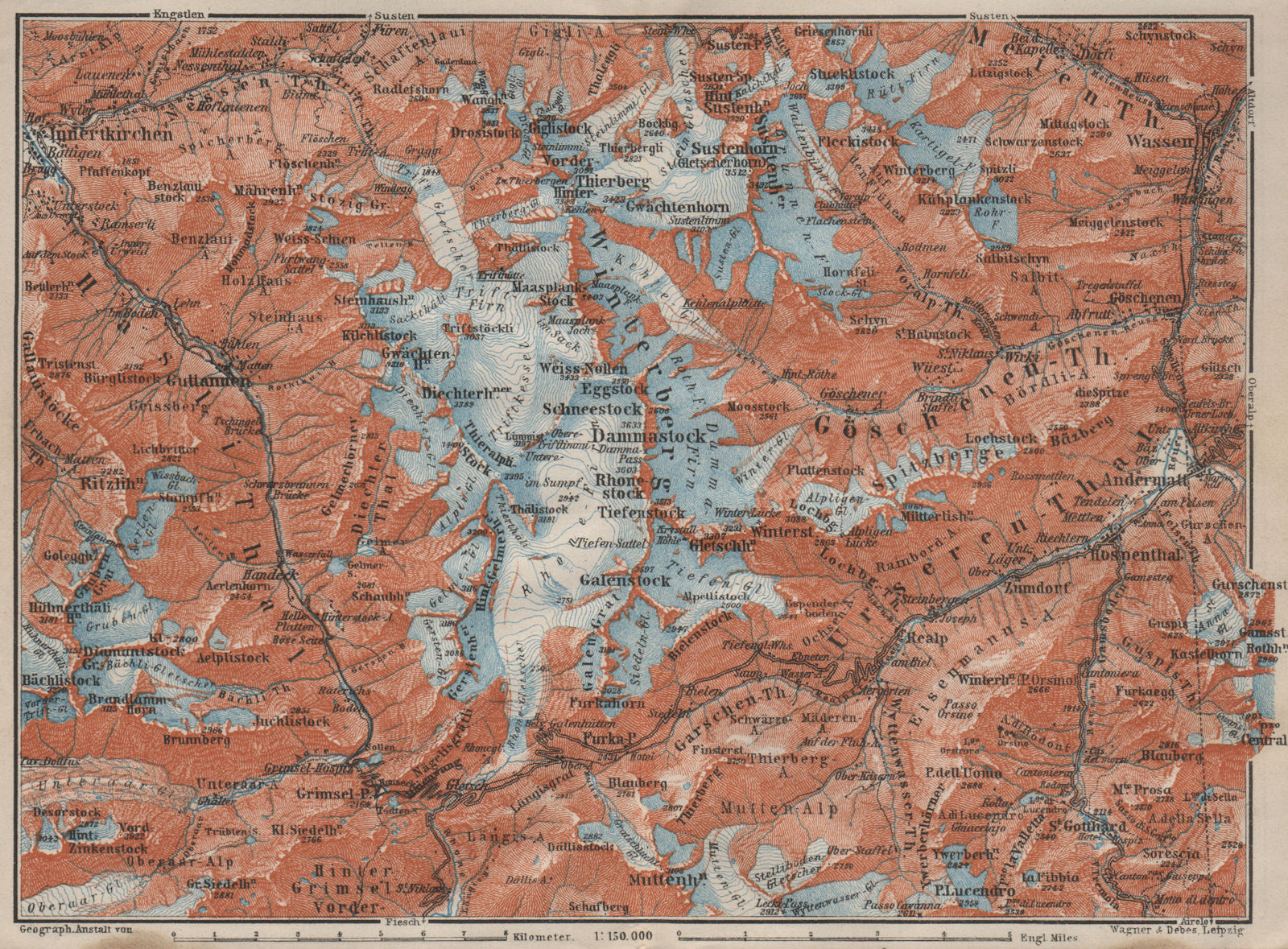 URNER/URI ALPS. Trift district. Andermatt Innertkirchen Dammastock 1909 map